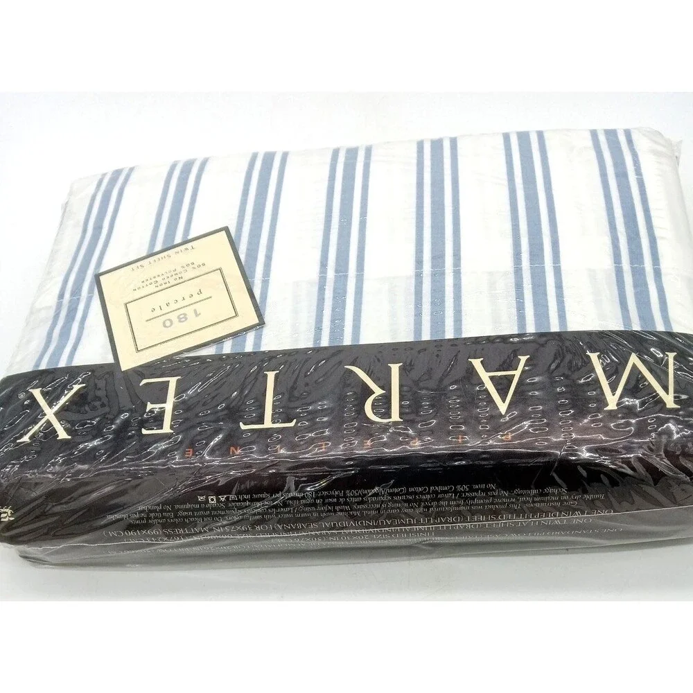 Vtg Martex Tuxedo Stripe Wedgewood Blue 180 Percale No Iron Twin Sheet Set NIP